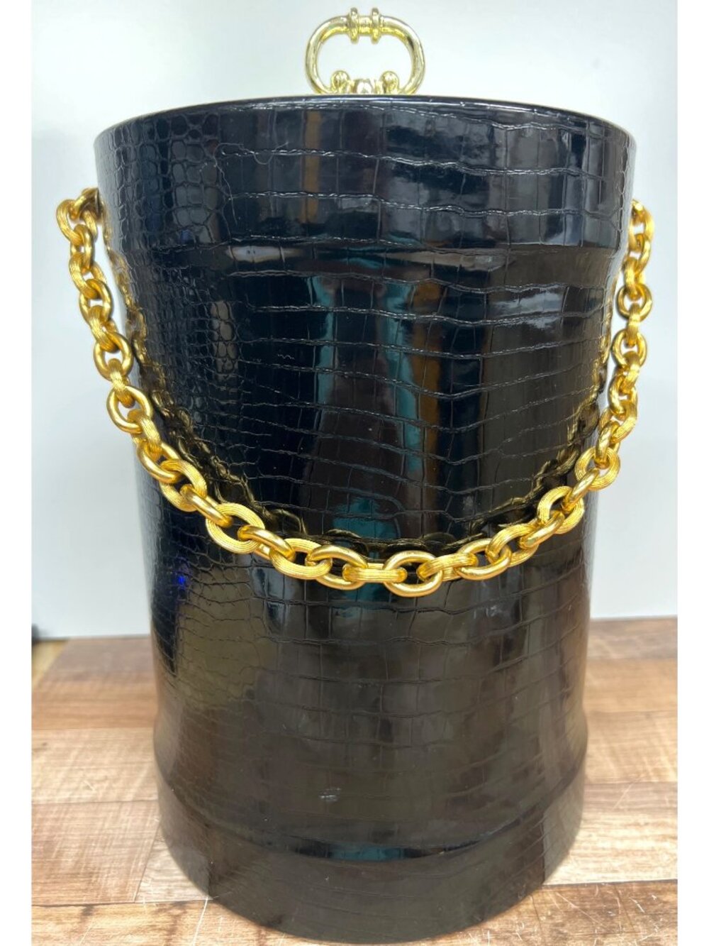 Vintage Black Faux Crocodile Ice Bucket With Gold Chain Handle And Lid Retro